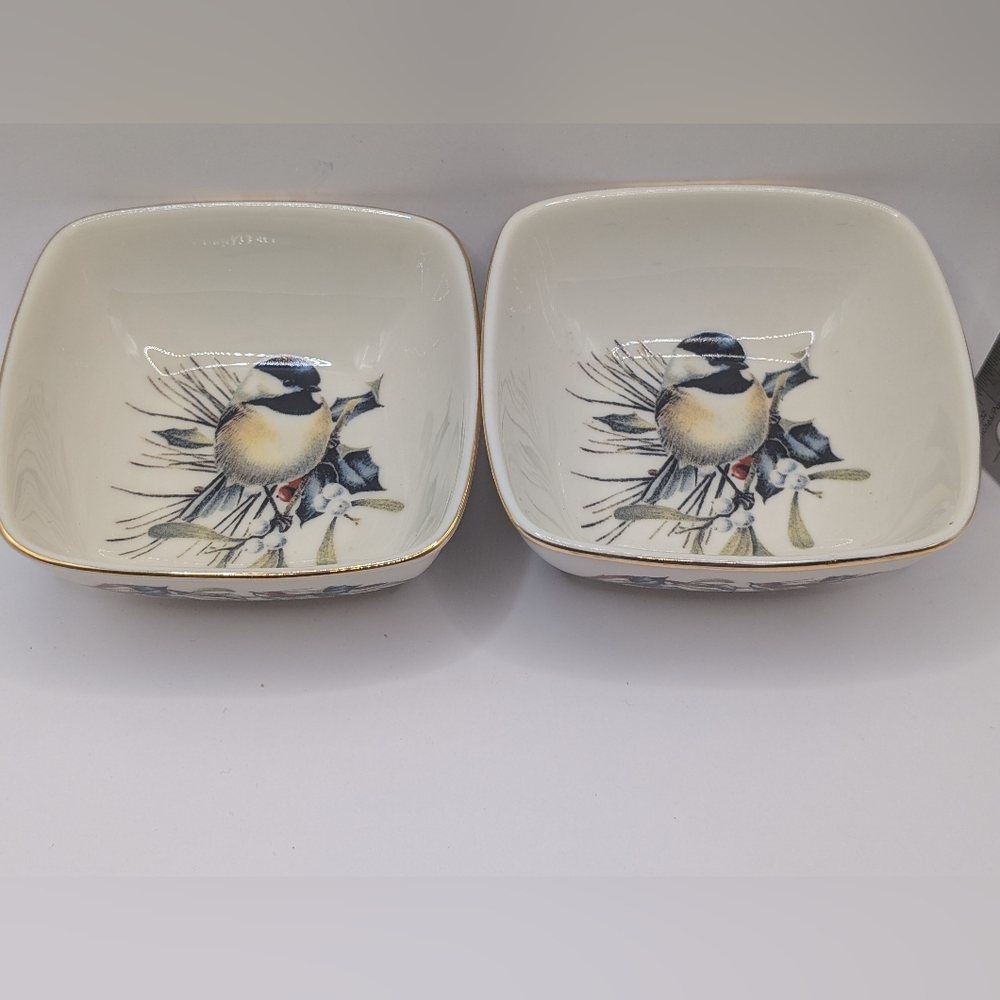 Lenox Cream and Gold Chickadee Square Serving Bowls